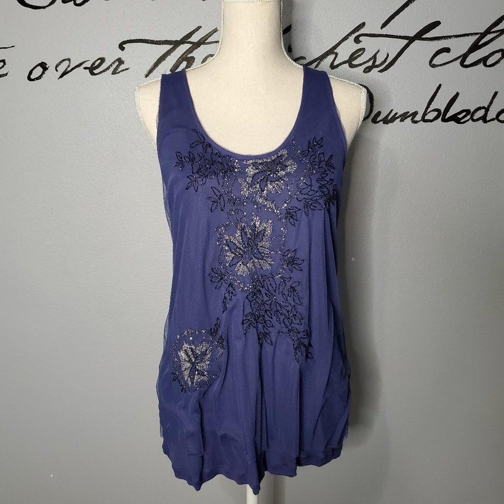 Blue Beaded Sleeveless Halogen Top, M